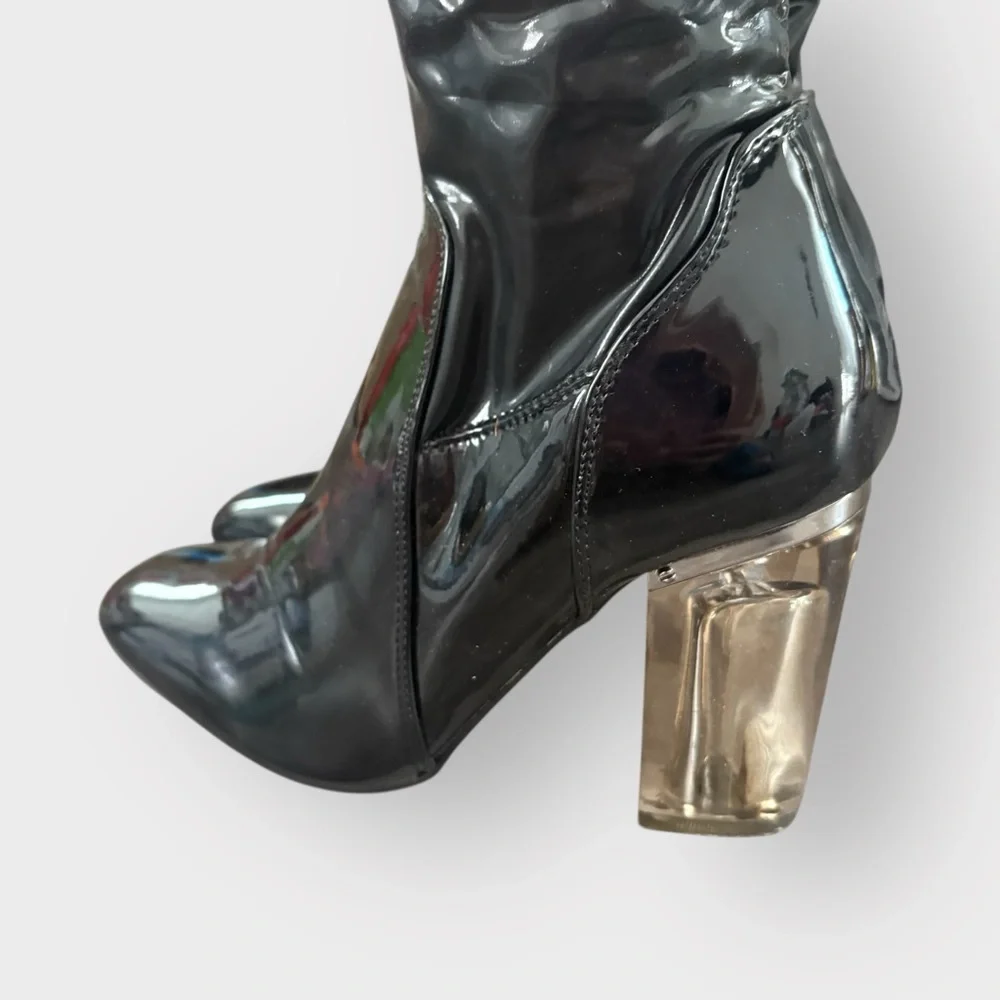 Cape Robbin Black Faux Patent Leather Booties with Perspex Lucite Heel - Glossy - Picture 6 of 8
